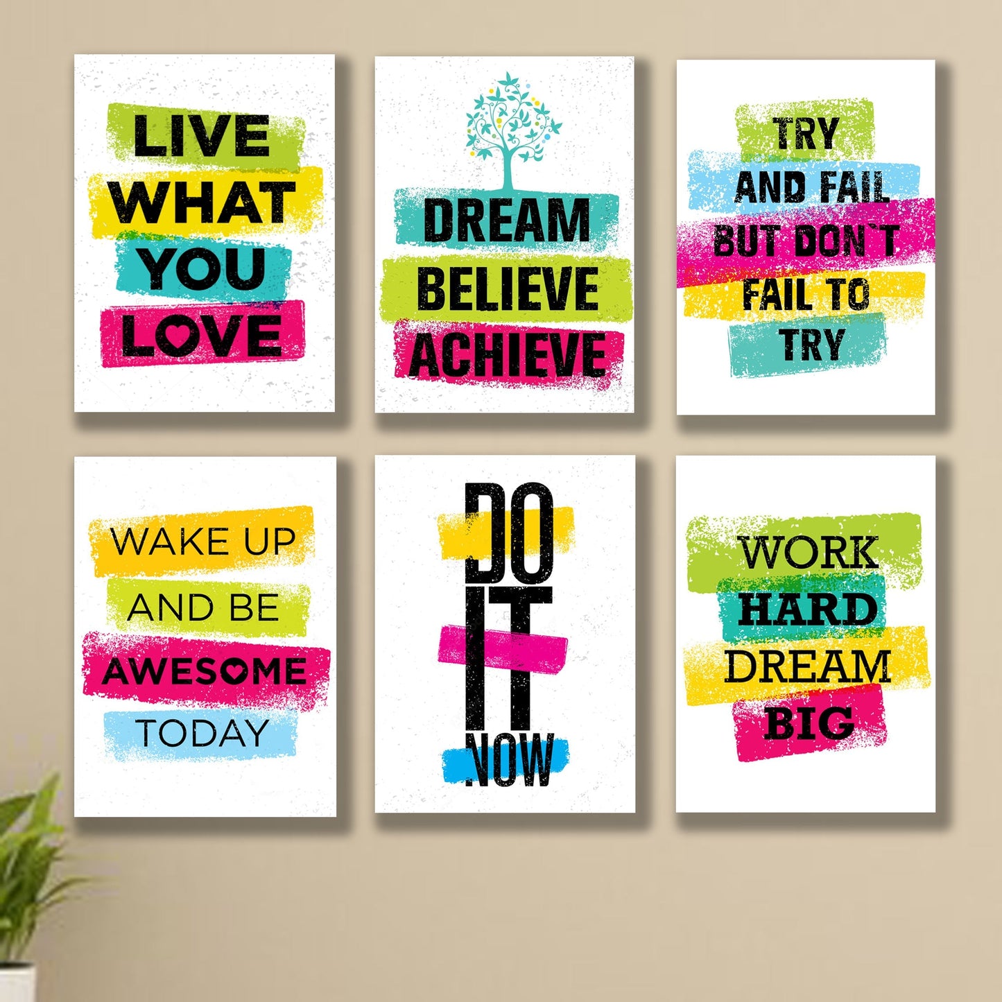 set of 6 Motivational sticky canvas frames for wall decore / sticky phototiles